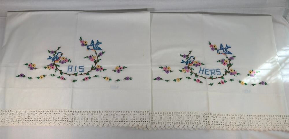 Vintage His & Hers Pillowcases Set of 2 Embroidered Bluebirds & Flowers Cotton